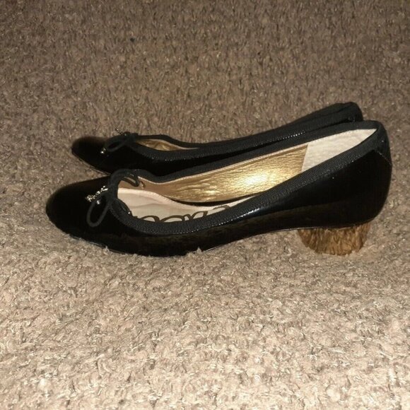 SAM EDELMAN-Natalie-Black Patent Leather-Ribbon Trim-Bow-Gold Heel-7.5-Near Mint - Picture 2 of 8